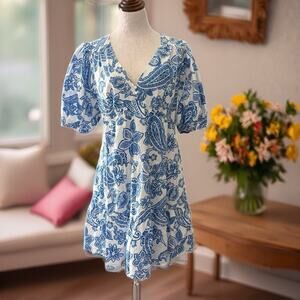 Melloday Blue Floral Puff Sleeve Mini Dress Size M V Neck Boho Print Beachy